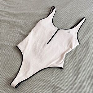 ALO Yoga Bodysuit in Cream with Black Accents